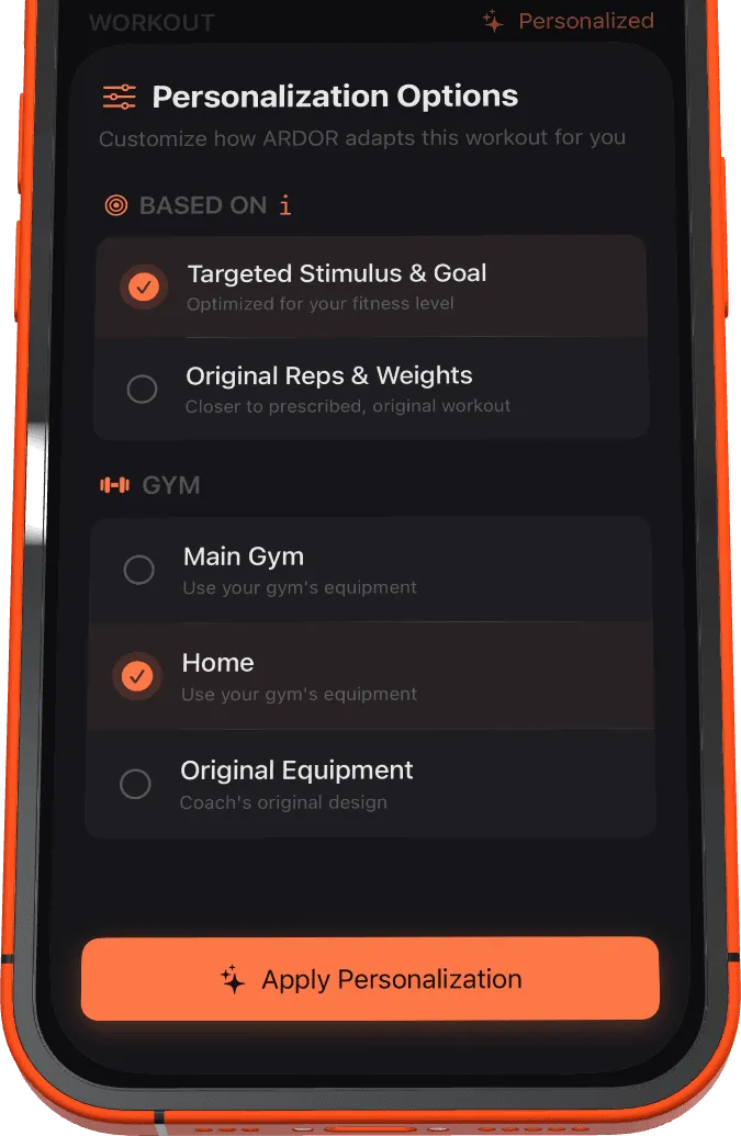 ARDOR app: personalization options for goal and available equipment