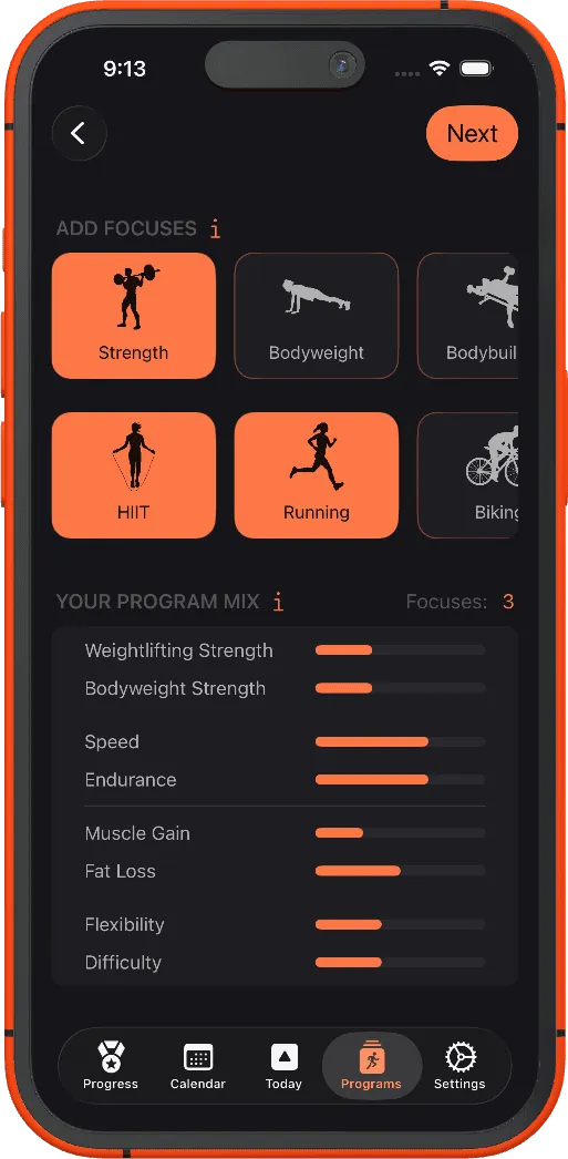 ARDOR app: choosing training focuses